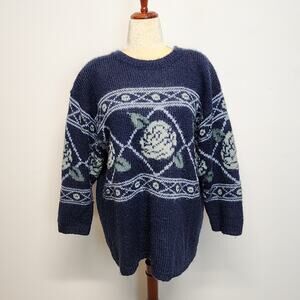 Vtg Lane Bryant Chunky Knit Granny Sweater Size 18/20 Blue Floral Tunic Mohair